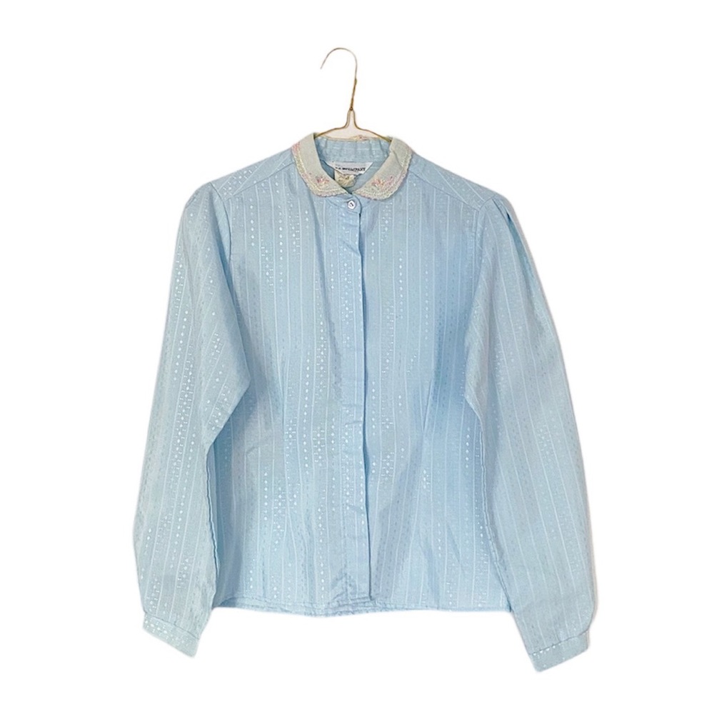 70s VTG light blue floral cottage core collar button up blouse - Picture 1 of 8